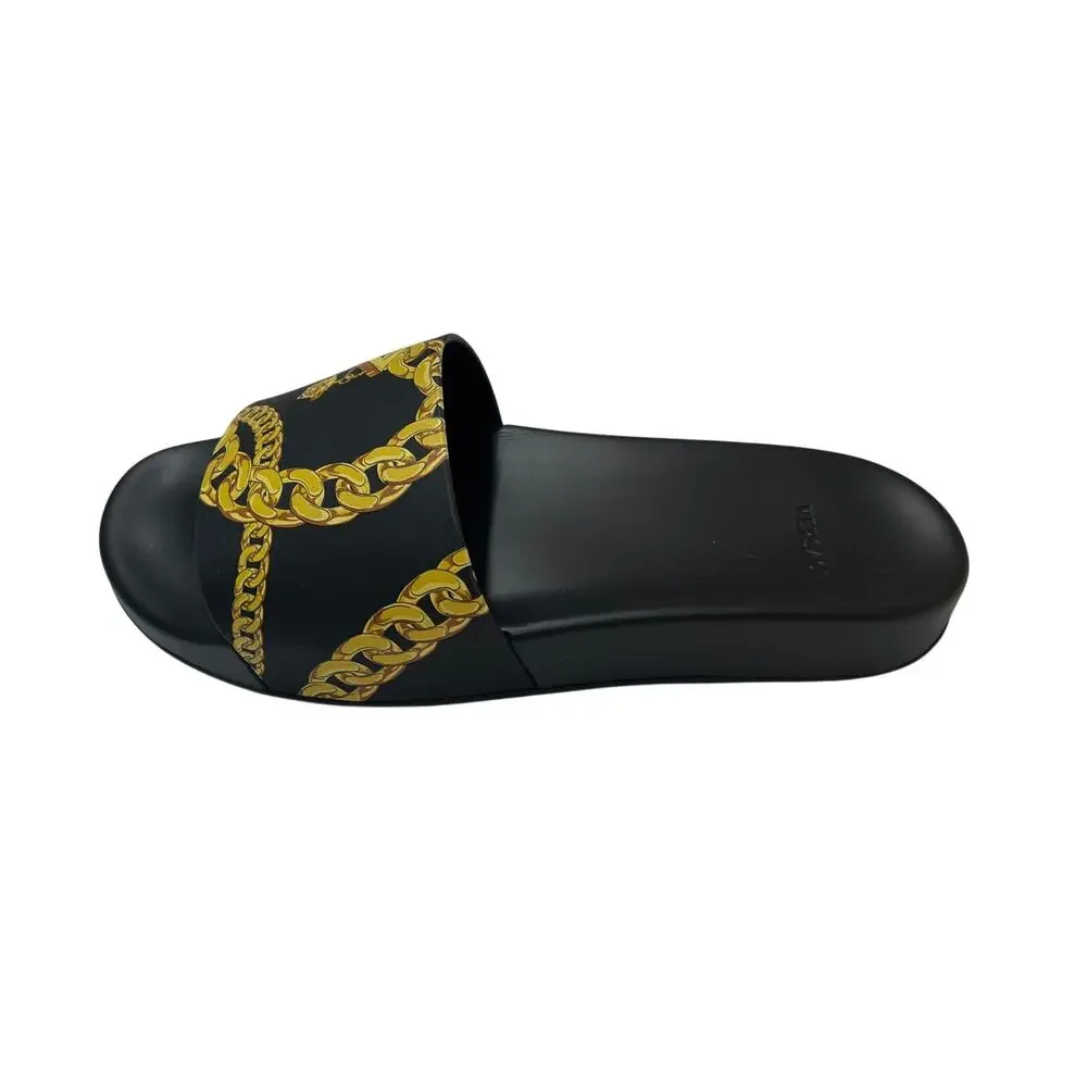 6-99 VERSACE Men's Baroque Sandals Leather Black Gold Size IT42/US8.5-9